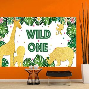 TUTA Large Wild One Banner | 1st Birthday Party Supplies Decoration | Jungle Safari Animal 1st Bday Party Banner | Baby First Birthday Backdrop Background for Boy or Girl Green - 6.6 x 3.3 FT