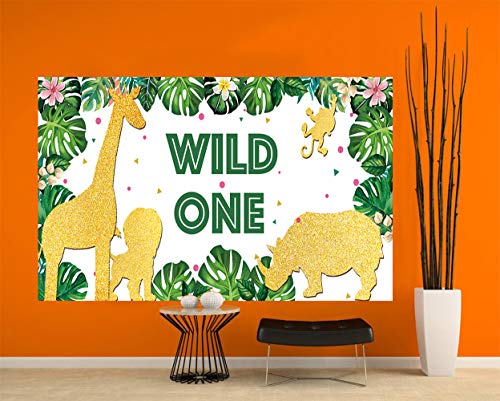 TUTA Large Wild One Banner | 1st Birthday Party Supplies Decoration | Jungle Safari Animal 1st Bday Party Banner | Baby First Birthday Backdrop Background for Boy or Girl Green - 6.6 x 3.3 FT