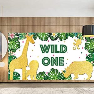 TUTA Large Wild One Banner | 1st Birthday Party Supplies Decoration | Jungle Safari Animal 1st Bday Party Banner | Baby First Birthday Backdrop Background for Boy or Girl Green - 6.6 x 3.3 FT