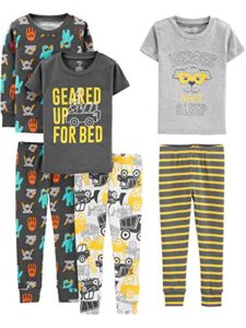 simple joys by carter’s toddler boys’ 6-piece snug-fit cotton pajama set, yellow/grey, monster/trucks, 5t