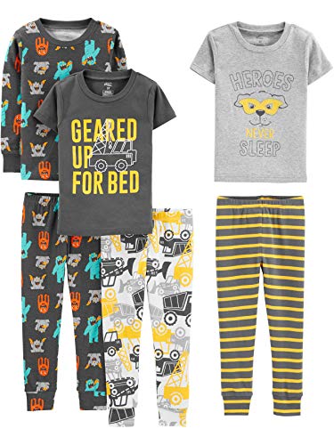 Simple Joys by Carter's Toddler Boys' 6-Piece Snug-Fit Cotton Pajama Set, Yellow/Grey, Monster/Trucks, 5T