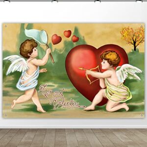 large cupid themed valentine’s day banner, valentine’s day photography backdrop, valentines day sign prop, v-day party background decoration supplies