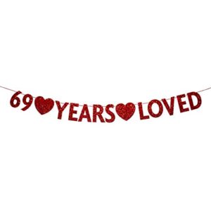 red 69 year loved banner, red glitter happy 69th birthday party decorations, supplies