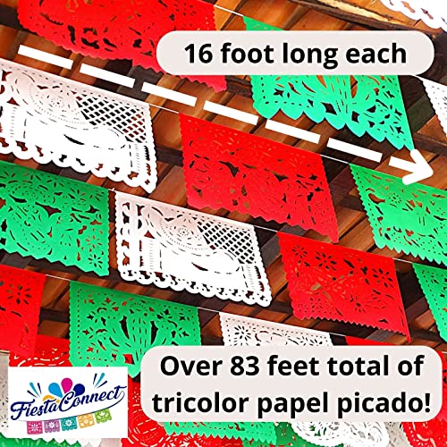 Mexican Independence Day Party Banners Tri-color (Red, green and white), Papel Picado for Fiestas Patrias 83 feet total, Pre assembled on string for easy hanging