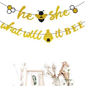 Morndew Glitter He or She What Will It BEE Banner for Boy or Girl Birthday Party Gender Reveal Party Baby Shower Bunting Decoration