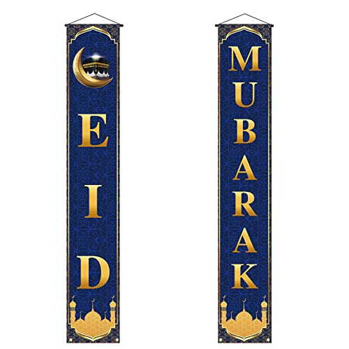 Eid Mubarak Decoration Porch Sign Ramadan Mubarak Banner Hanging Sign Islamic Eid Festival Celebration Welcome Wall Hanging Flag Muslim Ramadan Party Decor(Blue)