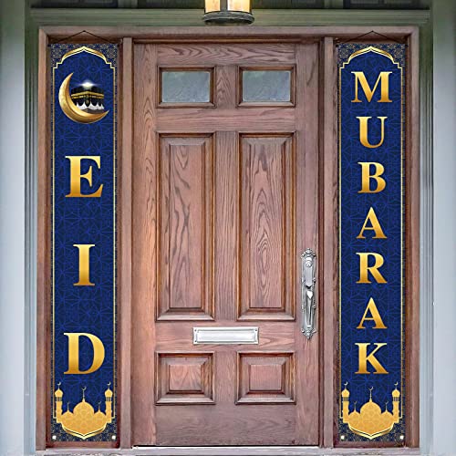 Eid Mubarak Decoration Porch Sign Ramadan Mubarak Banner Hanging Sign Islamic Eid Festival Celebration Welcome Wall Hanging Flag Muslim Ramadan Party Decor(Blue)