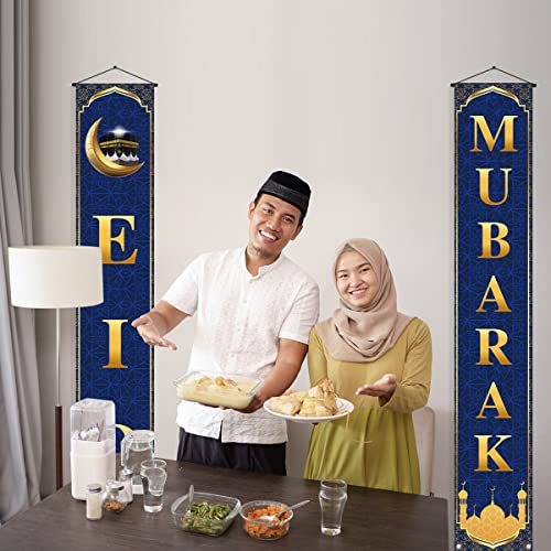 Eid Mubarak Decoration Porch Sign Ramadan Mubarak Banner Hanging Sign Islamic Eid Festival Celebration Welcome Wall Hanging Flag Muslim Ramadan Party Decor(Blue)