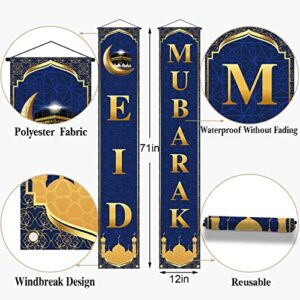 Eid Mubarak Decoration Porch Sign Ramadan Mubarak Banner Hanging Sign Islamic Eid Festival Celebration Welcome Wall Hanging Flag Muslim Ramadan Party Decor(Blue)