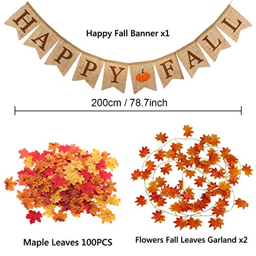 Famoby Happy Fall Pumpkin Burlap Banner and Maple Leaf Garland Confetti for Harvest Time Autumn Theme Party Thanksgiving Decorations