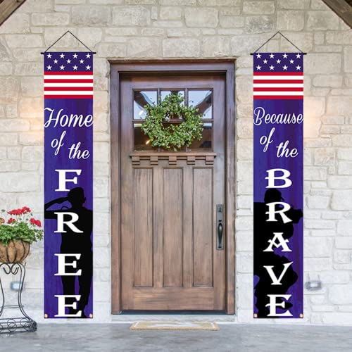 American Flag Patriotic Soldier Free&Brave Porch Banner,Patriotic Hanging Banner for Memorial Day Independence Day Veterans Day Yard Indoor Outdoor Decor