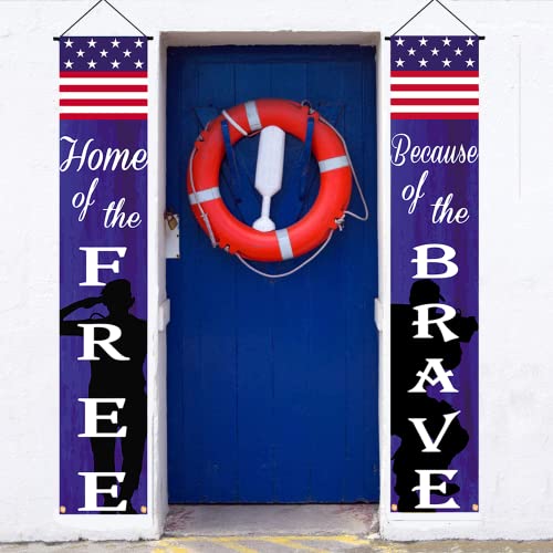 American Flag Patriotic Soldier Free&Brave Porch Banner,Patriotic Hanging Banner for Memorial Day Independence Day Veterans Day Yard Indoor Outdoor Decor