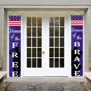 American Flag Patriotic Soldier Free&Brave Porch Banner,Patriotic Hanging Banner for Memorial Day Independence Day Veterans Day Yard Indoor Outdoor Decor