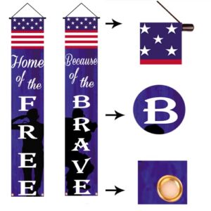 American Flag Patriotic Soldier Free&Brave Porch Banner,Patriotic Hanging Banner for Memorial Day Independence Day Veterans Day Yard Indoor Outdoor Decor