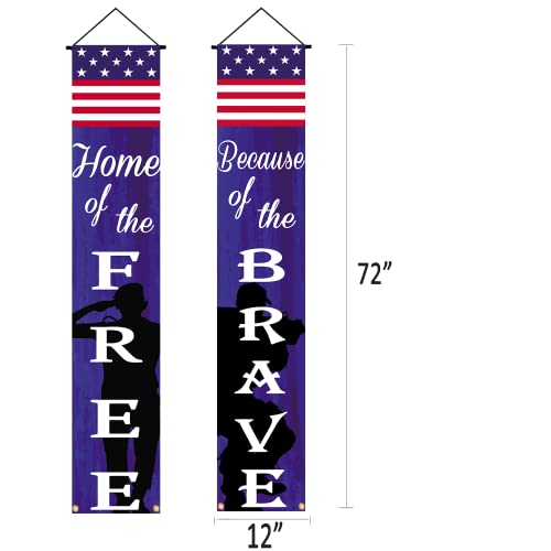 American Flag Patriotic Soldier Free&Brave Porch Banner,Patriotic Hanging Banner for Memorial Day Independence Day Veterans Day Yard Indoor Outdoor Decor