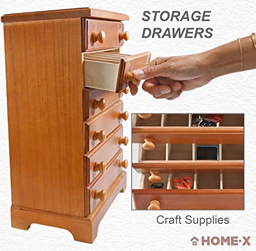 Home-X 6-Drawer Organizer for Sewing, Spools of Thread, Craft Supplies, Makeup, or Jewelry, Wood with Cherry Finish, 17" L x 6 ¾" W x 11 ¾" H