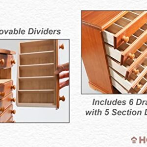 Home-X 6-Drawer Organizer for Sewing, Spools of Thread, Craft Supplies, Makeup, or Jewelry, Wood with Cherry Finish, 17" L x 6 ¾" W x 11 ¾" H