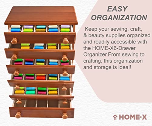 Home-X 6-Drawer Organizer for Sewing, Spools of Thread, Craft Supplies, Makeup, or Jewelry, Wood with Cherry Finish, 17" L x 6 ¾" W x 11 ¾" H