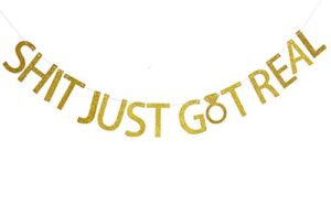 firefairy™ shit just got real gold glitter bunting banner for funny wedding, engagement, bachelorette,pregnancy announcement,bar sign
