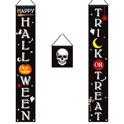 Halloween Door Decorations, Set of 3 Ohuhu 72" x 12.4" Trick or Treat Happy Halloween Banner Outdoor Decoration Front Porch Fall Decor Door Signs for Indoor Outside Yard Party Home Decor, 600D Fabric