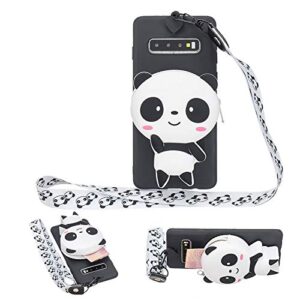 girlyard for samsung galaxy s10 plus silicone case with 3d cartoon animal zipper wallet purse stand holder cover and long detachable lanyard strap phone case for kids girls,black panda