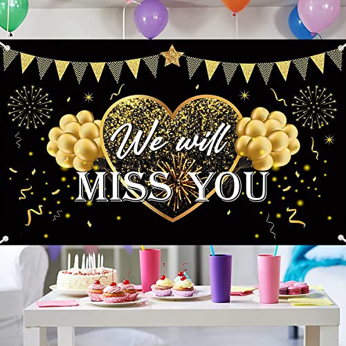 We Will Miss You Party Decorations Black Gold Going Away Party Banner Backdrop We Will Miss You Party Background Large Yard Sign Photo Booth for Grad Farewell Anniversary Retirement Party Decorations Supplies