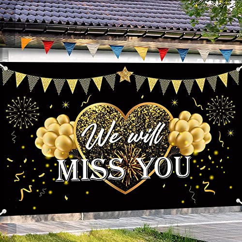 We Will Miss You Party Decorations Black Gold Going Away Party Banner Backdrop We Will Miss You Party Background Large Yard Sign Photo Booth for Grad Farewell Anniversary Retirement Party Decorations Supplies