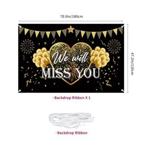 We Will Miss You Party Decorations Black Gold Going Away Party Banner Backdrop We Will Miss You Party Background Large Yard Sign Photo Booth for Grad Farewell Anniversary Retirement Party Decorations Supplies