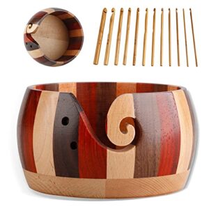 durable wooden yarn storage bowls with 12 pcs bamboo handle crochet hook, mix color yarn knitting holder basket for crocheting for wool ball, handmade craft crochet kit organizer for mother’s day