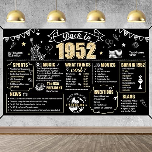 71st Birthday Decorations Back in 1952 Banner Backdrop for Men Women, Happy 71 Theme Birthday Sign Background Party Supplies, Black Gold Seventy-one Birthday Photo Poster Party Decor