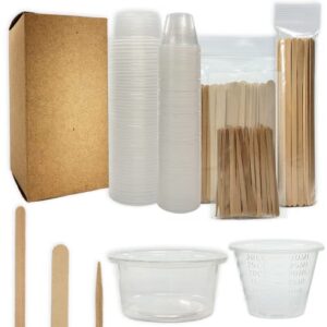 nsi epoxy resin mixing kit: 150 plastic cups and 150 wood sticks; 300 piece assortment of disposable 1 oz and 1.5 oz plastic mixing cups and assorted mixing sticks.