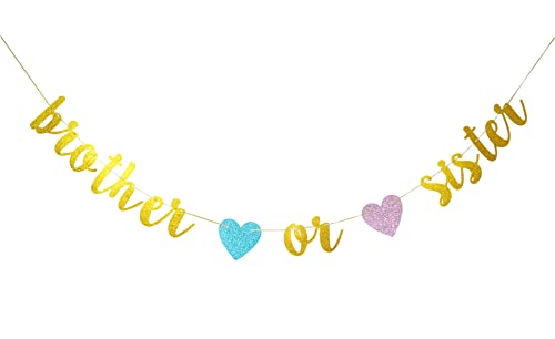 Swdthnh Gender Reveal Party Decorations - Glitter Letters Brother or Sister with Hearts Banner for Baby Shower Party Decorations, Gold