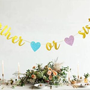 Swdthnh Gender Reveal Party Decorations - Glitter Letters Brother or Sister with Hearts Banner for Baby Shower Party Decorations, Gold