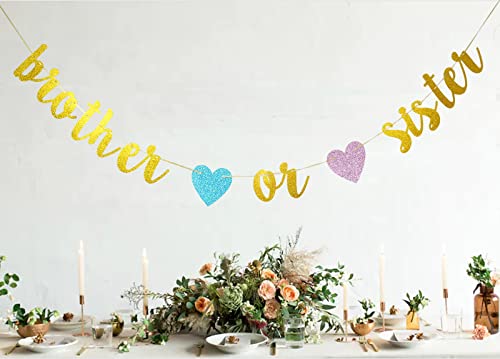 Swdthnh Gender Reveal Party Decorations - Glitter Letters Brother or Sister with Hearts Banner for Baby Shower Party Decorations, Gold