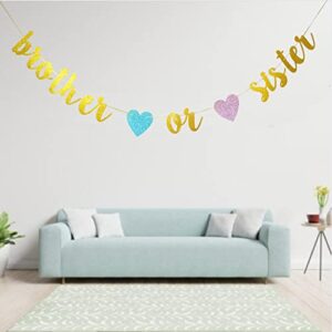 Swdthnh Gender Reveal Party Decorations - Glitter Letters Brother or Sister with Hearts Banner for Baby Shower Party Decorations, Gold