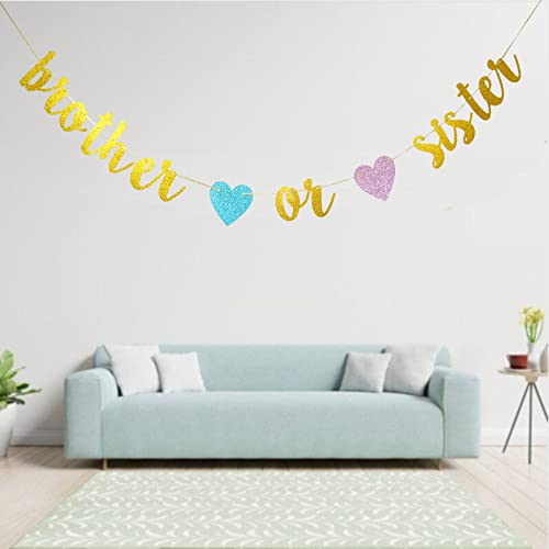 Swdthnh Gender Reveal Party Decorations - Glitter Letters Brother or Sister with Hearts Banner for Baby Shower Party Decorations, Gold