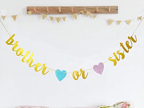 Swdthnh Gender Reveal Party Decorations - Glitter Letters Brother or Sister with Hearts Banner for Baby Shower Party Decorations, Gold