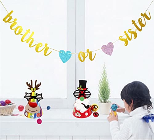 Swdthnh Gender Reveal Party Decorations - Glitter Letters Brother or Sister with Hearts Banner for Baby Shower Party Decorations, Gold