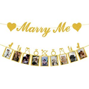 marriage proposal decorations,gold marry me banner and photo banner with picture card frames for marriage proposal ideas wedding proposal decorations.(gold glitter)