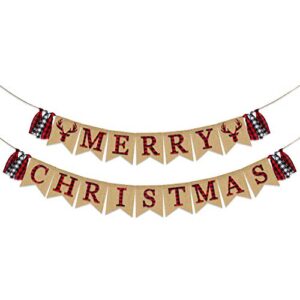 merry christmas banner burlap | christmas decorations | vintage christmas banner for mantle fireplace | black red plaid letters banner | xmas party supplies decorations | holiday decor