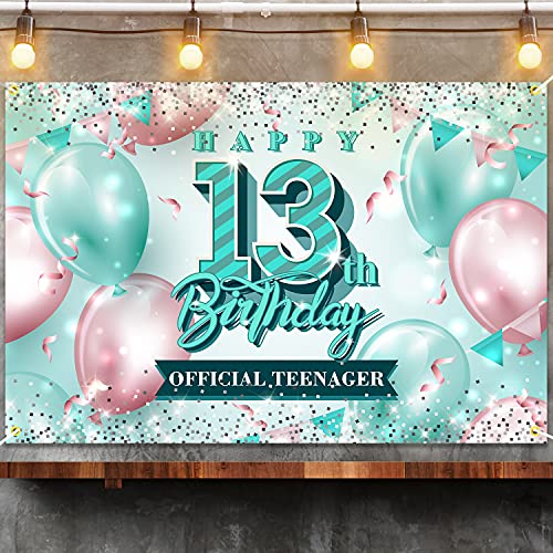 Happy 13th Birthday Banner Backdrop Official Teenager 13 Years Old Pink and Teal Background Bday Decorations for Girls Photography Party Supplies Glitter