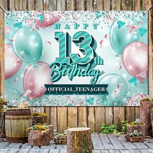 Happy 13th Birthday Banner Backdrop Official Teenager 13 Years Old Pink and Teal Background Bday Decorations for Girls Photography Party Supplies Glitter