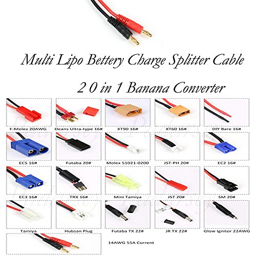 Padarsey RC Lipo Battery Charger Adapter with Multi Plug Squid Charger Adapter to 4.0mm Banana Bullet Connector for TRX, Tamiya, EC3, JST, Futaba, XT60, T- Dean (20 in 1)