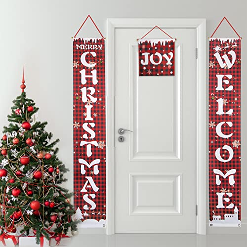 Merry Christmas Banner for Home, 3 Pack Christmas Porch Sign Decorations for Holiday Xmas Indoor Outdoor Door Yard Front Porch Christmas Decorations Red Buffalo Check Plaid