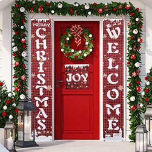 merry christmas banner for home, 3 pack christmas porch sign decorations for holiday xmas indoor outdoor door yard front porch christmas decorations red buffalo check plaid