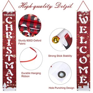 Merry Christmas Banner for Home, 3 Pack Christmas Porch Sign Decorations for Holiday Xmas Indoor Outdoor Door Yard Front Porch Christmas Decorations Red Buffalo Check Plaid