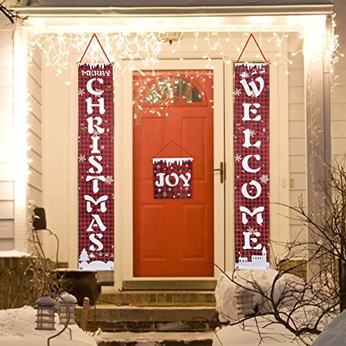 Merry Christmas Banner for Home, 3 Pack Christmas Porch Sign Decorations for Holiday Xmas Indoor Outdoor Door Yard Front Porch Christmas Decorations Red Buffalo Check Plaid