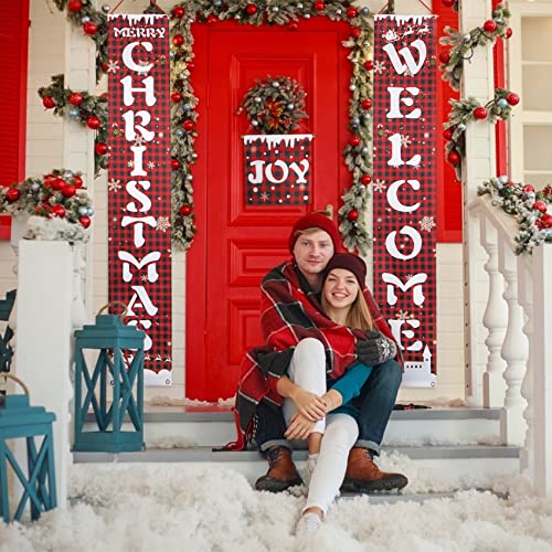 Merry Christmas Banner for Home, 3 Pack Christmas Porch Sign Decorations for Holiday Xmas Indoor Outdoor Door Yard Front Porch Christmas Decorations Red Buffalo Check Plaid