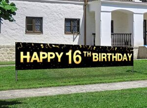 greatingreat large cheers to 16 years banner, black gold 16 anniversary party sign, 16th happy birthday banner(9.8feet x 1.6feet)