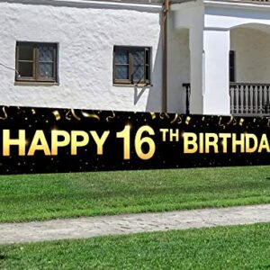 Greatingreat Large Cheers to 16 Years Banner, Black Gold 16 Anniversary Party Sign, 16th Happy Birthday Banner(9.8feet X 1.6feet)